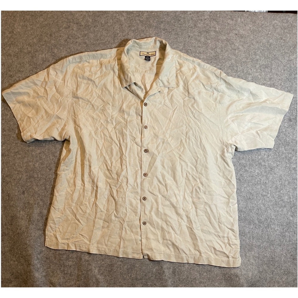 Tommy Bahama Mens XXL Silk Camp Shirt Cream Beige Jacquard Palm Short Sleeve